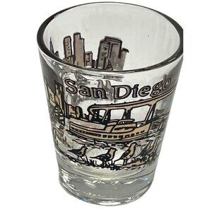 Vintage‎ Shot Glass San Diego City Skyline Water Sailboats Birds